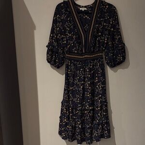 Max Studio Navy and Yellow Floral Ruffle Dress